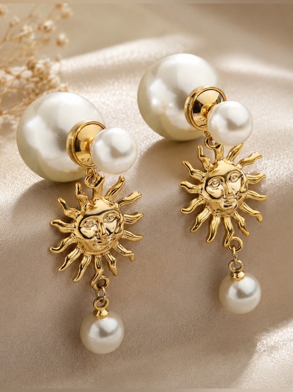 Gold Sun Face Pearl Drop Earrings | Statement Dangle Earrings